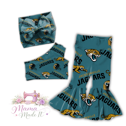 Jacksonville Jaguars baby bummies, skirt, flare pants or headwrap