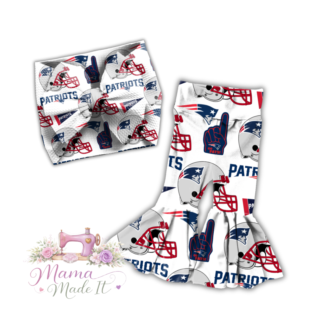 New England Patriots baby bummies, skirt, flare pants or headwrap (White)