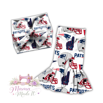 New England Patriots baby bummies, skirt, flare pants or headwrap (White)