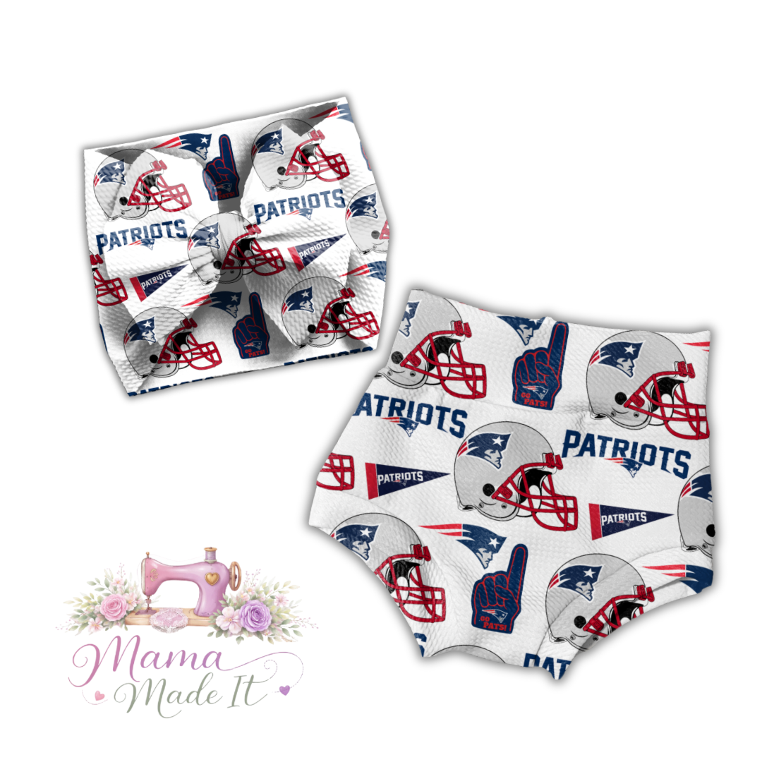 New England Patriots baby bummies, skirt, flare pants or headwrap (White)