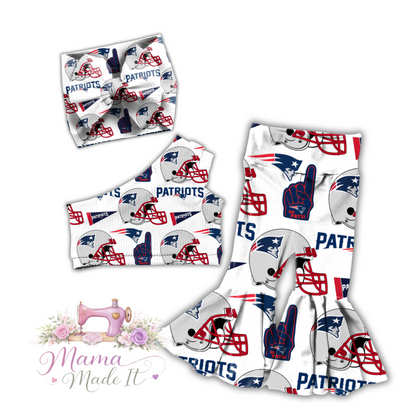 New England Patriots baby bummies, skirt, flare pants or headwrap (White)