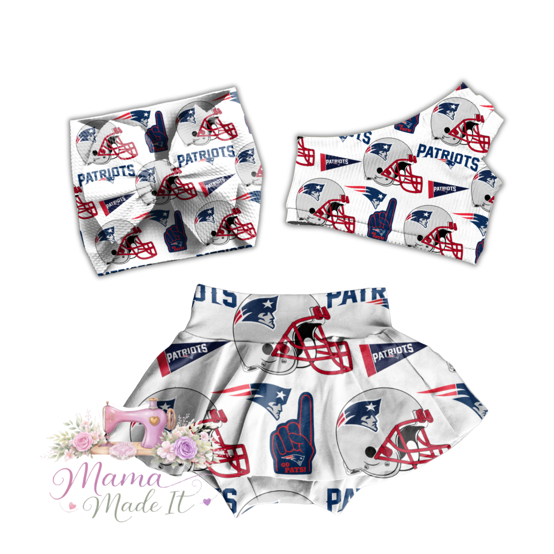New England Patriots baby bummies, skirt, flare pants or headwrap (White)