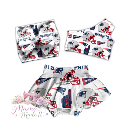 New England Patriots baby bummies, skirt, flare pants or headwrap (White)
