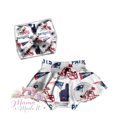 New England Patriots baby bummies, skirt, flare pants or headwrap (White)