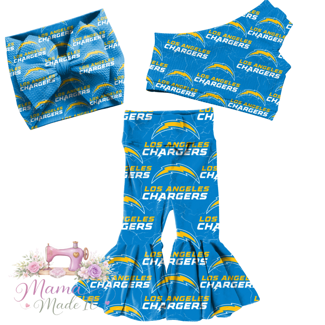 Los Angeles Chargers baby bummies, skirt, flare pants or headwrap