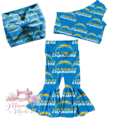 Los Angeles Chargers baby bummies, skirt, flare pants or headwrap