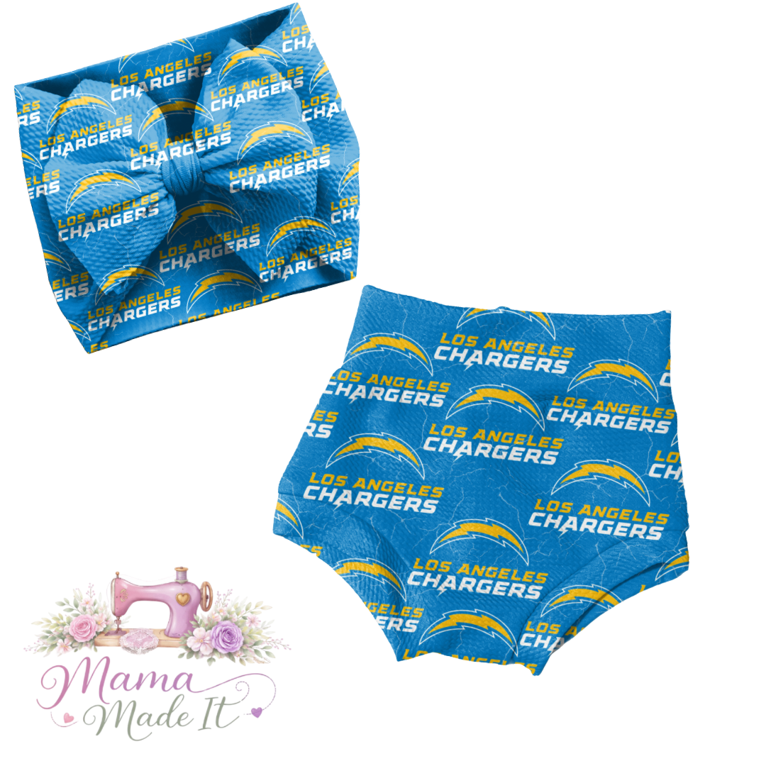 Los Angeles Chargers baby bummies, skirt, flare pants or headwrap