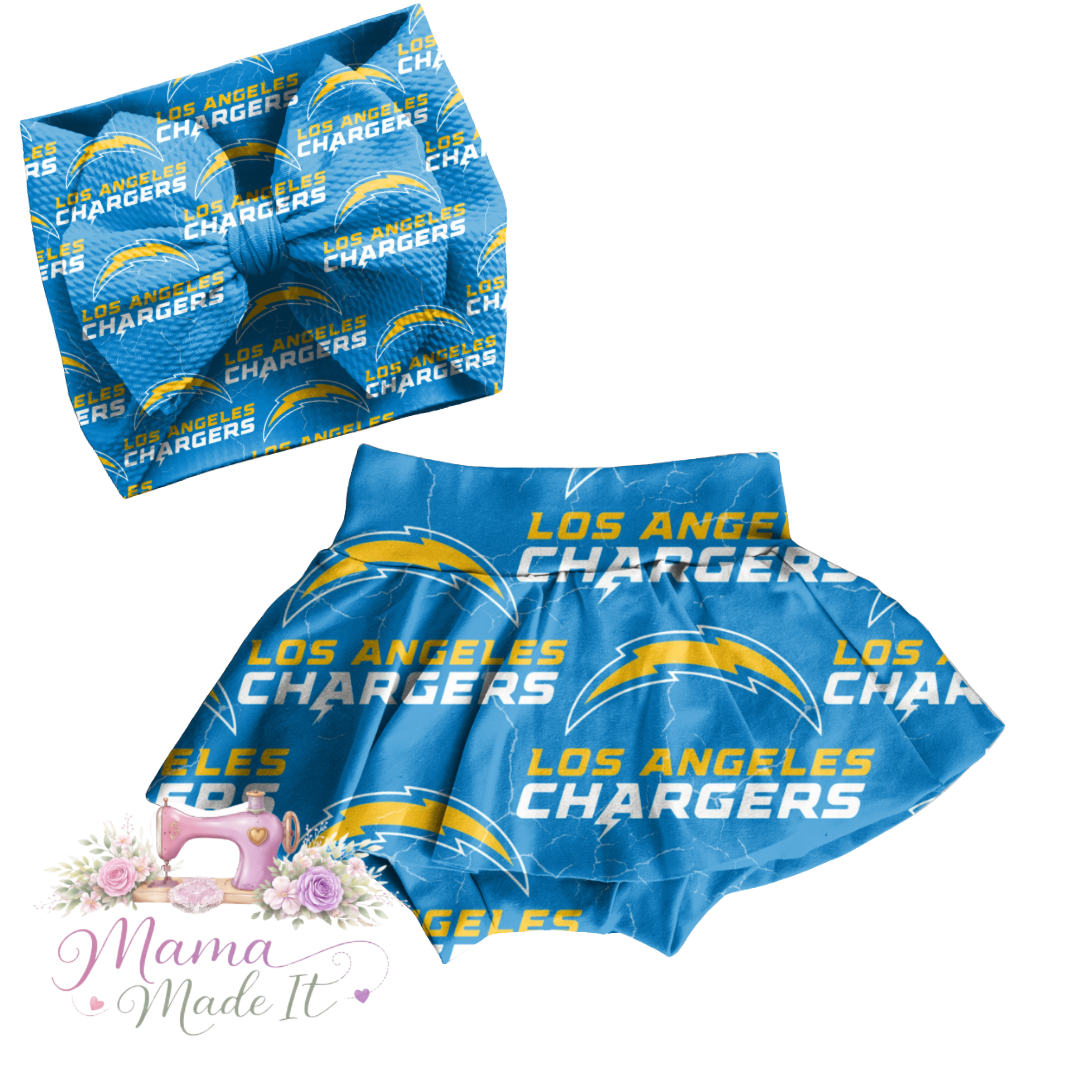 Los Angeles Chargers baby bummies, skirt, flare pants or headwrap