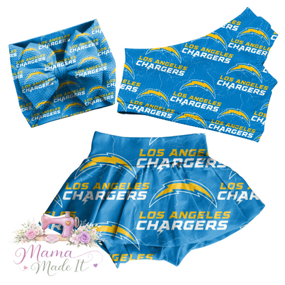 Los Angeles Chargers baby bummies, skirt, flare pants or headwrap
