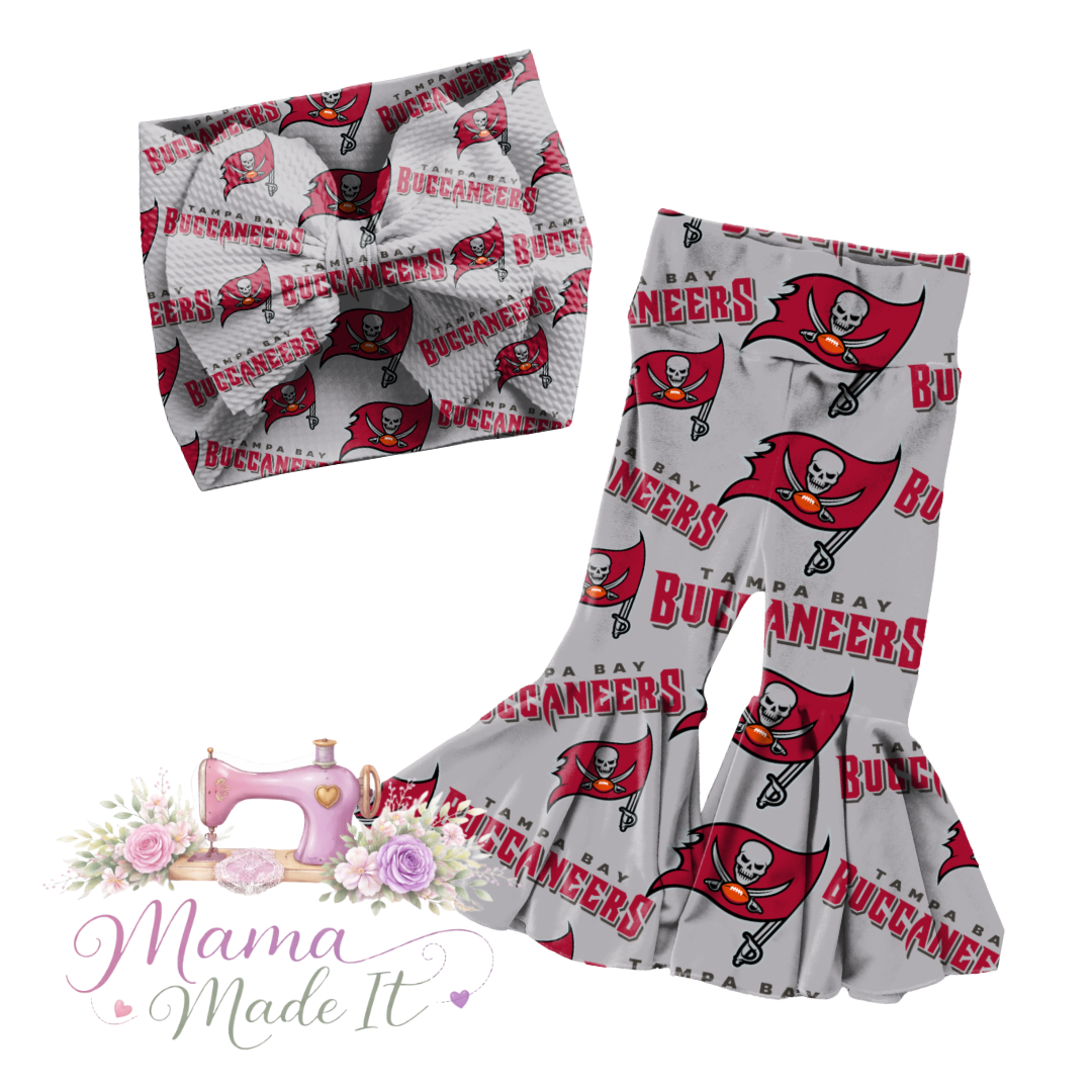 Tampa Bay Buccaneers baby bummies, skirt, flare pants or headwrap