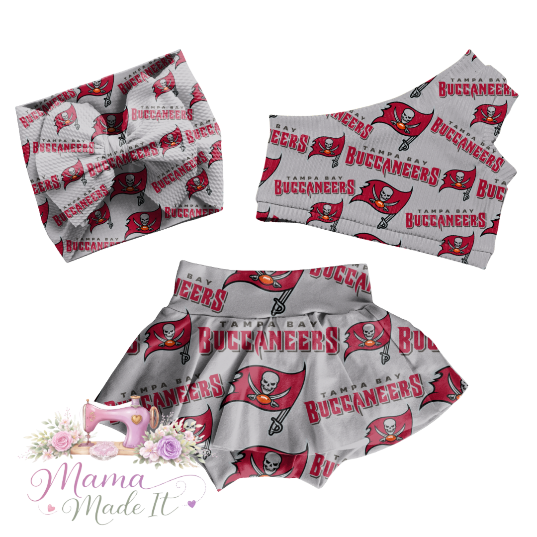 Tampa Bay Buccaneers baby bummies, skirt, flare pants or headwrap