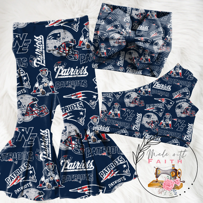 New England Patriots baby bummies, skirt, flare pants or headwrap (Blue)