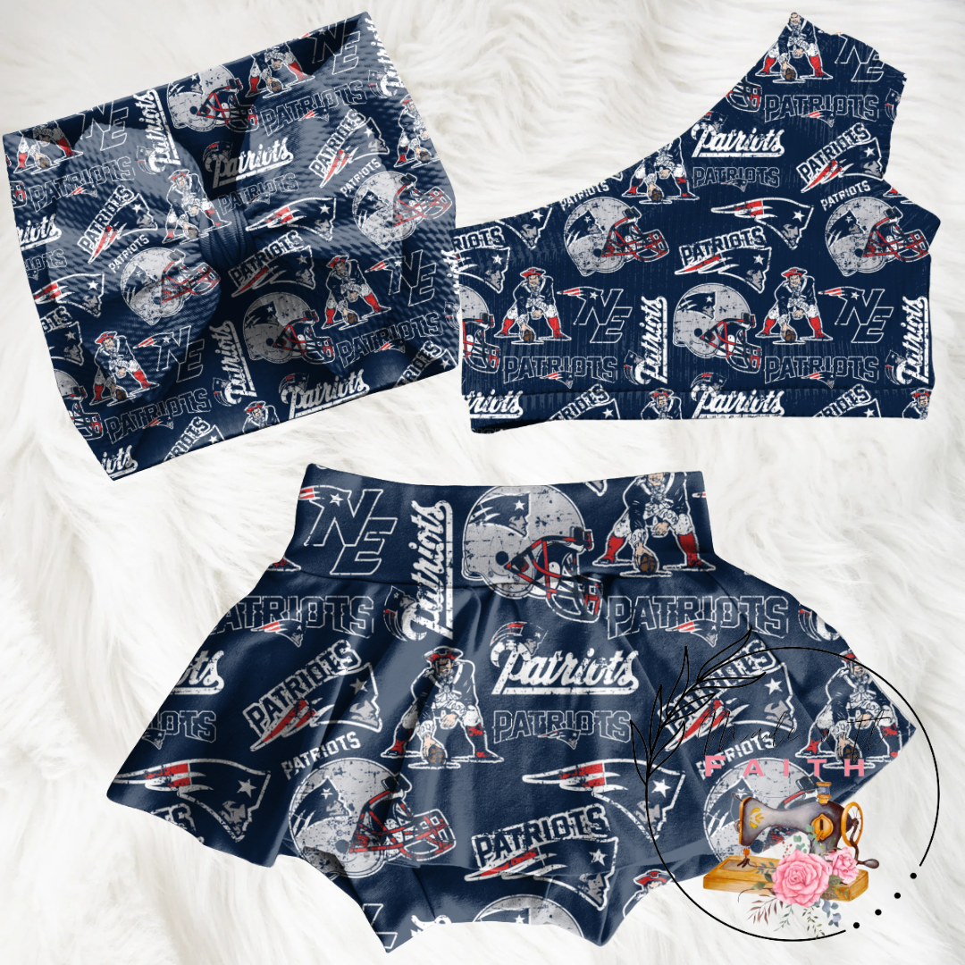 New England Patriots baby bummies, skirt, flare pants or headwrap (Blue)