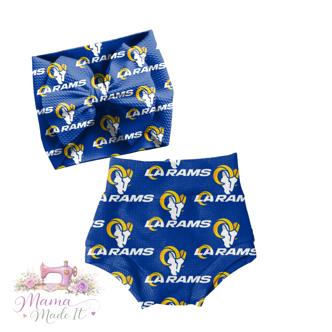 Los Angeles Rams baby bummies, skirt, flare pants or headwrap