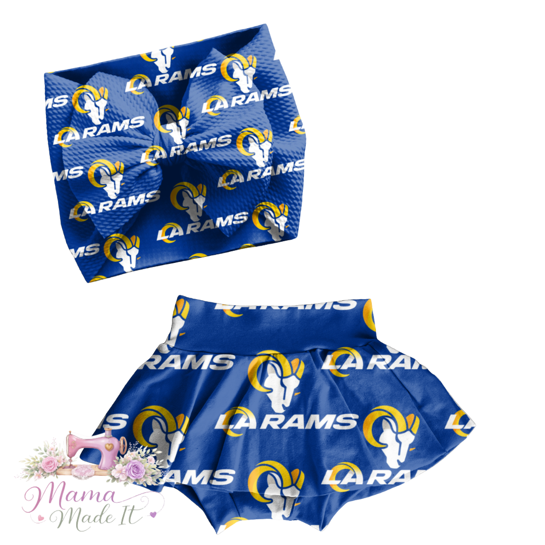 Los Angeles Rams baby bummies, skirt, flare pants or headwrap