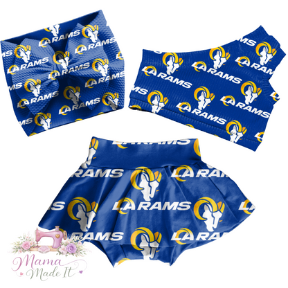 Los Angeles Rams baby bummies, skirt, flare pants or headwrap