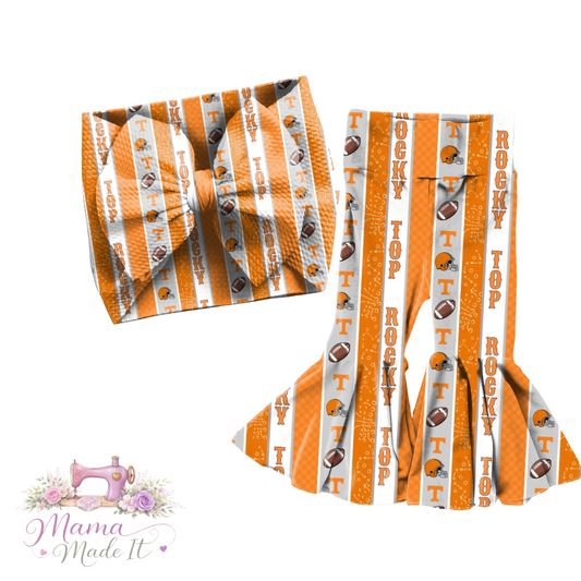 Stripped Tennessee Vols baby bummies, skirt, flare pants or headwrap